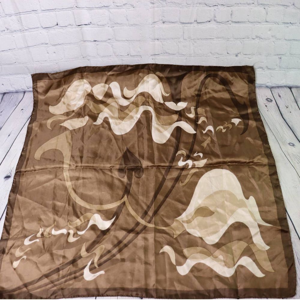 Vintage Italian Scarf – 60s Acetate Brown Wavy Print Headscarf Made in Italy